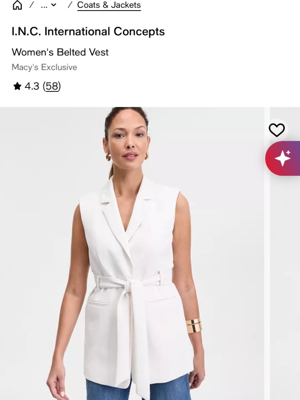 I.N.C. International Concepts Women’s Long Belted Vest